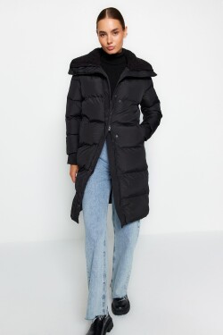 Trendyol Black Oversize Ribbed Collar Detail, vodoodpudivý dlouhý nafukovací kabát