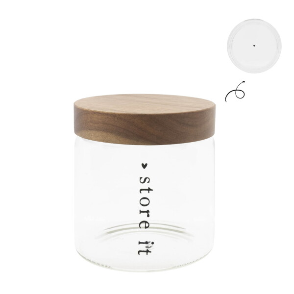Bastion Collections Dóza s dřevěným víkem Store It 13 cm nápis, čirá barva, sklo