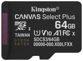 Kingston Canvas Select Plus Gen3 microSDXC 64GB / UHS-I V30 / U3 / Class 10 / čtení: až 100MBs / zápis: až 100 MBs (SDCS3/64GBSP)