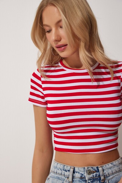 Happiness İstanbul Women's Red White Striped Crop Knitted T-Shirt