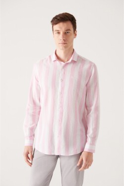 Avva Men's Light Pink Wide Striped Linen Shirt