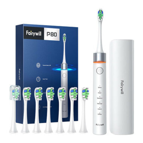 FairyWill FW-P80 bílá / Elektrický zubní kartářek / 40.000 kmitů / 5 režimů / 8 hlavic (FW-P80 White + 8 hea)