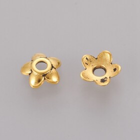 Kovový kaplík - květina - starozlatý - 6,5 x 6,5 x 2 mm - 1 ks