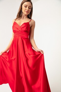 Lafaba Dámské červené lano popruh pas pas pas pas satén midi večerní šaty promoční šaty
