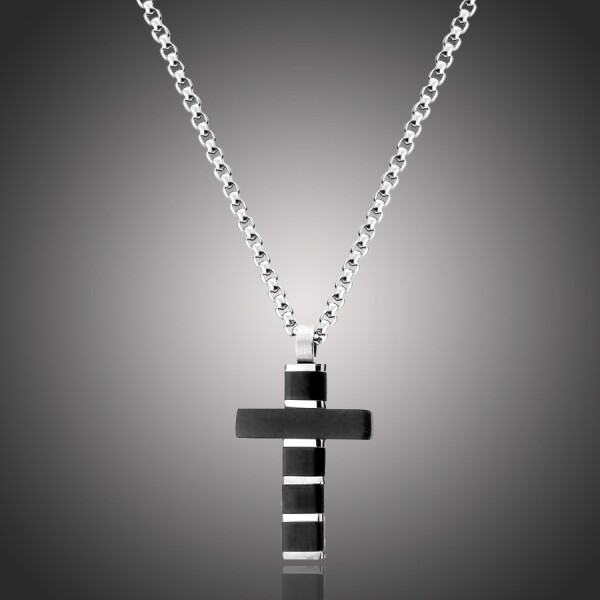 Pánský ocelový náhrdelník Xavier - chirurgická ocel, kříž, Černá 65 cm
