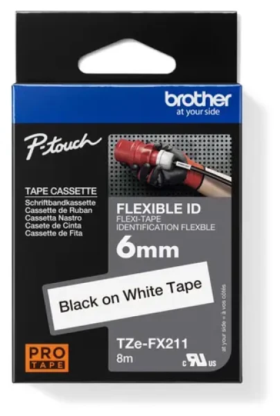Brother TZe-FX211 bílá-černá / Páska do tiskárny štítků / 6 mm / 8 m / flexibilní / voděodolná (TZEFX211)