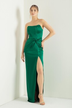 Lafaba Women's Emerald Green Double Breasted Lined Satin Long Evening Dress with Woven Corset Detail