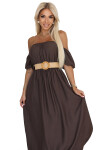 614-1 Maxi šaty v boho stylu s odhalenými rameny a páskem - CHOCOLATE UNI