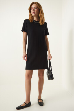 Happiness İstanbul Women's Black Crew Neck Casual Combed Cotton Dress
