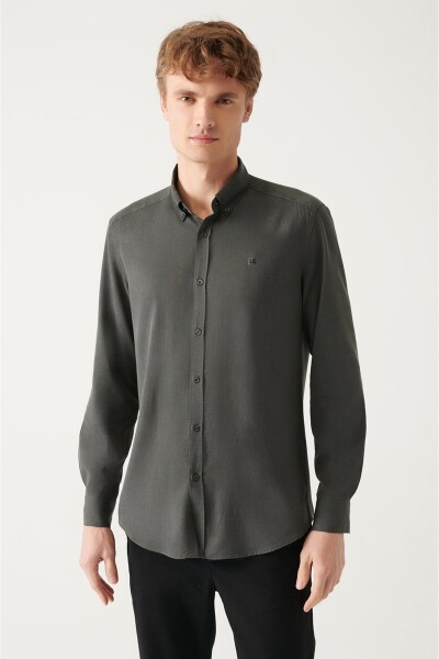 Avva Anthracite Buttoned Collar Comfort Fit Tencel Shirt