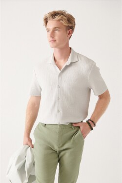 Avva Men's Gray Knitted Jacquard Classic Collar Cotton Short Sleeve Regular Fit Shirt