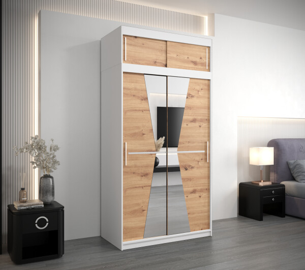 Šatní skříň Abi Ma s nástavcem Barva korpusu: Bílá, Rozměry: 120 cm, Dveře: Dub artisan