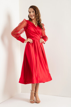 Lafaba Women's Red Double Breasted Collar Glitter Midi Satin Evening Dress