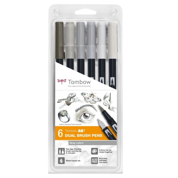 Tombow ABT Dual Brush Pens sada 6 šedých odstínů