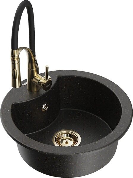 MEXEN/S - Diego granitový dřez 1-miska včetně baterie Aster, černá/zlatá metalik 6512-75-73450-57-G