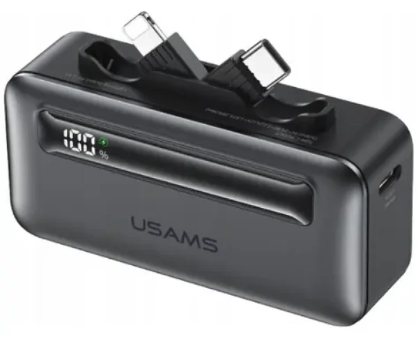 USAMS XB-Series CD233 stříbrná / Powerbanka / 5000 mAh / PD 20W / vestavěný kabel USB-C/Lightning (5KCD23302)