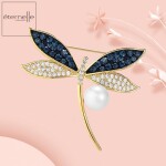 Luxusní brož s perlou a zirkony Noema Gold - vážka, Zlatá