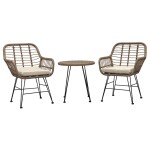 Relaxační set stůl + 2 židle, kov, umělý ratan, látka béžová, deska stolku polywood