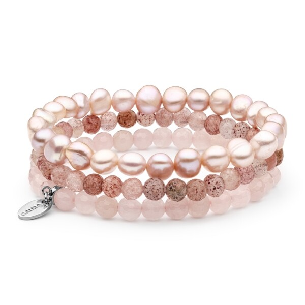 Souprava tří náramků - sladkovodní perla, růžový a jahodový křemen, Růžová 19 cm