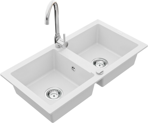 MEXEN/S - Mario granitový dřez 2-bowl včetně baterie Telma, bílá 6504-20-670200-00