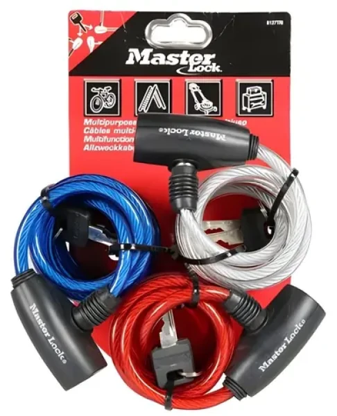 Master Lock 8127EURTRI / Spirálový zámek na kolo / 1,8 m / 3 ks / Klíč / Bezpečnostní třída 4 (8127EURTRI)