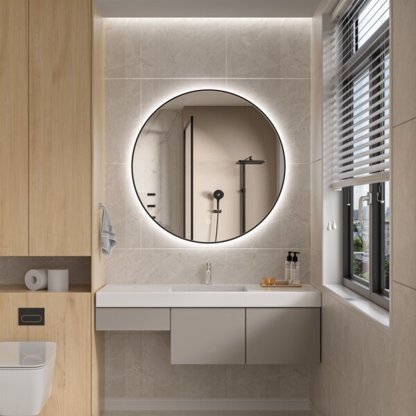 Erga Emma, kulaté LED zrcadlo 90cm, černý kovový rám, 2070 lm, 6500K, zadní osvětlení, ERG-V01-201-9090-BK