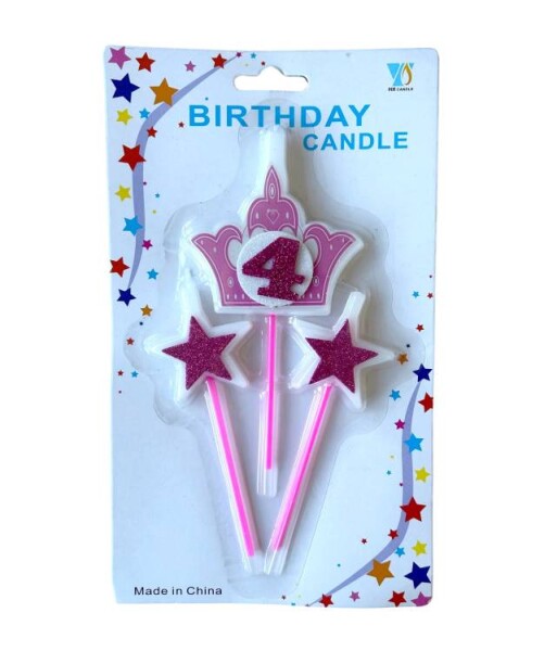 Dortisimo Svíčky koruna růžová s číslem 4 a hvězdičky růžové