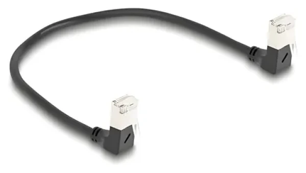 Delock černá / Síťový kabel RJ45 / Cat.6a S/FTP / Slim / oboustranně pravoúhlý / 0,25 m (80297)