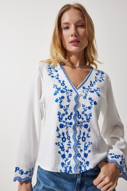 Happiness İstanbul Women's White V-Neck Embroidered Linen Blouse