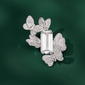 Luxusní brož s motýly a čirým krystalem Beatrix, Stříbrná