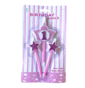 Dortisimo Svíčky koruna růžová s číslem 1 a hvězdičky růžové