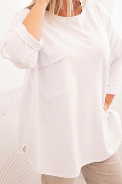 Dámská blůza Plus Size s bavlnou, s kapsou a s ohrnovacími rukávy bílá UNI