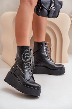 Kožené Botky Worker Na Platformě A Klínu Maciejka 06676-01 Černé 39