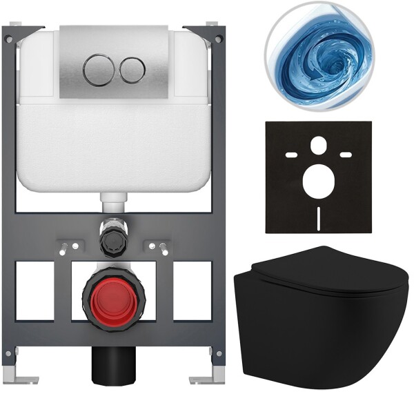 CERANO Kompletní WC set Basic/Cesso - černá matná - WC tlačítko Dualo/Stříbrná - závěsné - nízký modul - předstěnová instalace - 49x36 cm - 8050BD86209