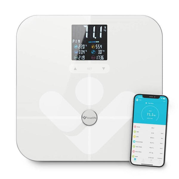 TrueLife FitScale W7 BT bílá diagnostická osobní váha / bluetooth / displej / 4x AAA baterie (TLFSW7BTW)