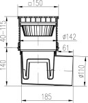 MIDAS Kanalizační vpusť - boční D110, vodní protizápachová hladina, litinová mřížka 150x150 mm p3738