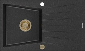 MEXEN/S - Cesar granitový dřez 1 s odkapávačem 775x470 mm, czarny/srebrny metalik,+ zlatý sifon 6514771010-73-G