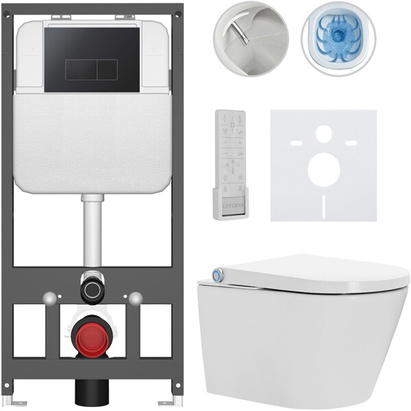 CERANO Závěsné WC s bidetem Basic/Cronus Premium - bílá lesklá - WC tlačítko Modulo/Černá - závěsné - předstěnová instalace - 59,3x38,4 cm