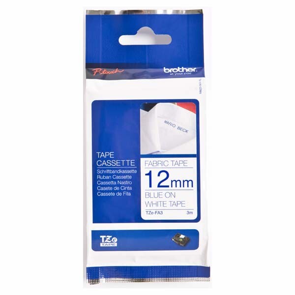 Obchod Šetřílek Brother TZE-FA3, 12mm, modrý tisk/bílý podklad - originální páska zažehlovací