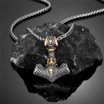 Pánský náhrdelník Thórovo kladivo - MJOLNIR, oboustranný přívěsek, Zlatá 60 cm