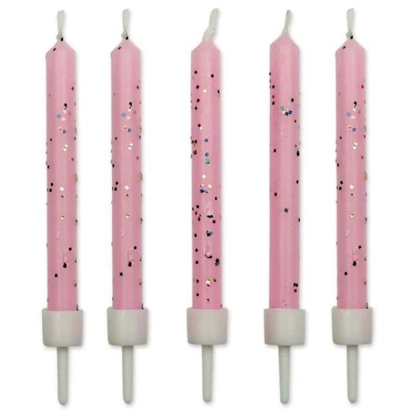 Svíčky dortové s držáky, sada 10ks, 55mm - růžové, třpytky