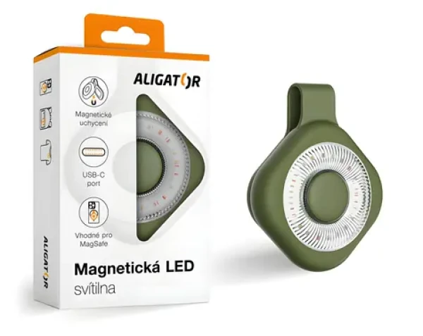 Aligator Magnetická LED svítilna zelená / Svítilna / MagSafe uchycení / USB-C / 6 režimů
