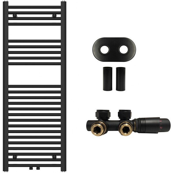 CERANO - Koupelnový radiátorový set Benito - ústřední vytápění - středové připojení 50 mm - 477W - černá matná - 1200x450 mm CER-744677
