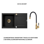 INVENA Granitový dřez TESALIA dlouhý odkap, černý automatickým sifonem, zlatý baterie GLAMOUR AZ-01-Z43-SET