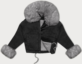 Vyšisovaná černo/šedá krátká dámská džínová bunda s kožešinovou podšívkou J Style (11Z8219) odstíny černé XL (42)