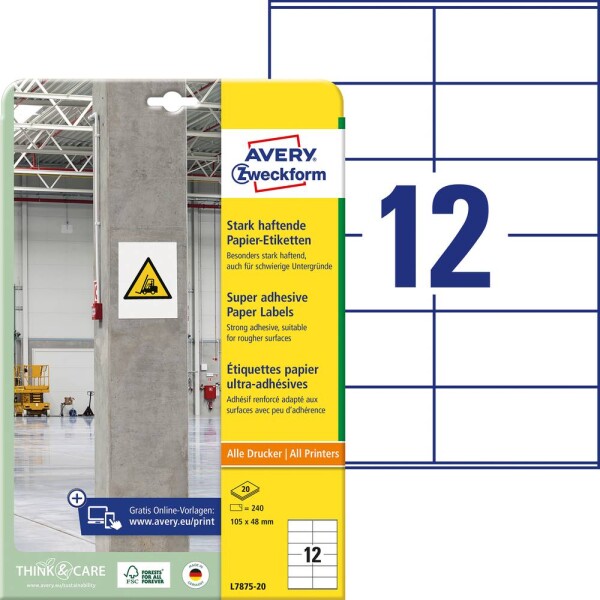 Avery-Zweckform L7875-20 Etikety lepící 105 x 48 mm papír bílá 240 ks trvalé, silné inkoustová tiskárna, laserová tiskárna, barevná laserová tiskárna, kopírka,