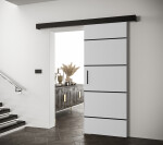 Posuvné dveře Salwador IV Dveře: Bíle mat, Pásky / úchyty: Černá, Horní pojezdová lišta: Dub artisan