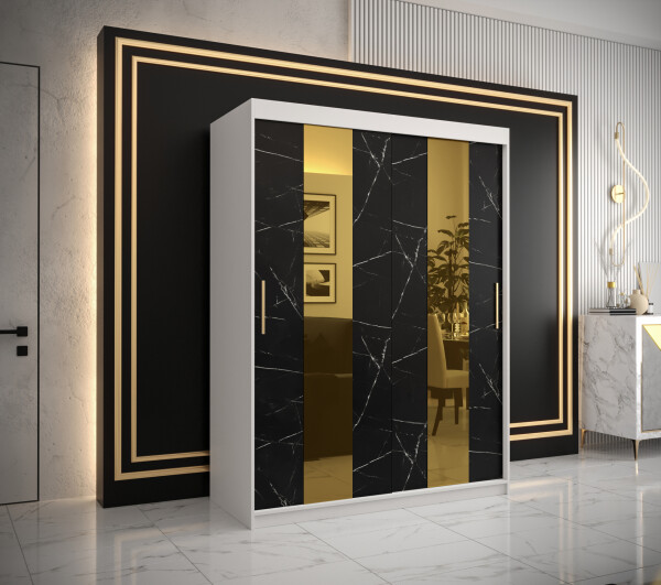Šatní skříň Abi Golden Pole Barva korpusu: Bílá, Rozměry: 150 cm, Dveře: Černý mramor se zlatým zrcadlem