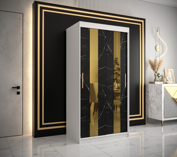 Šatní skříň Abi Golden Pole Barva korpusu: Bílá, Rozměry: 100 cm, Dveře: Černý mramor se zlatým zrcadlem
