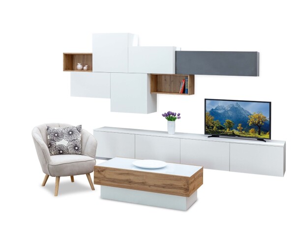 Nábytek Mikulík Obývací stěna CUBE 1 - sestava VARIANTA PROVEDENÍ: (2x č.7) + (2x č.4) + (2x č.3) + (4x spodní č.5)